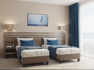 Текстиль для гостиниц синего цвета: подушки декоративные, покрывала, саше, шторы, занавески